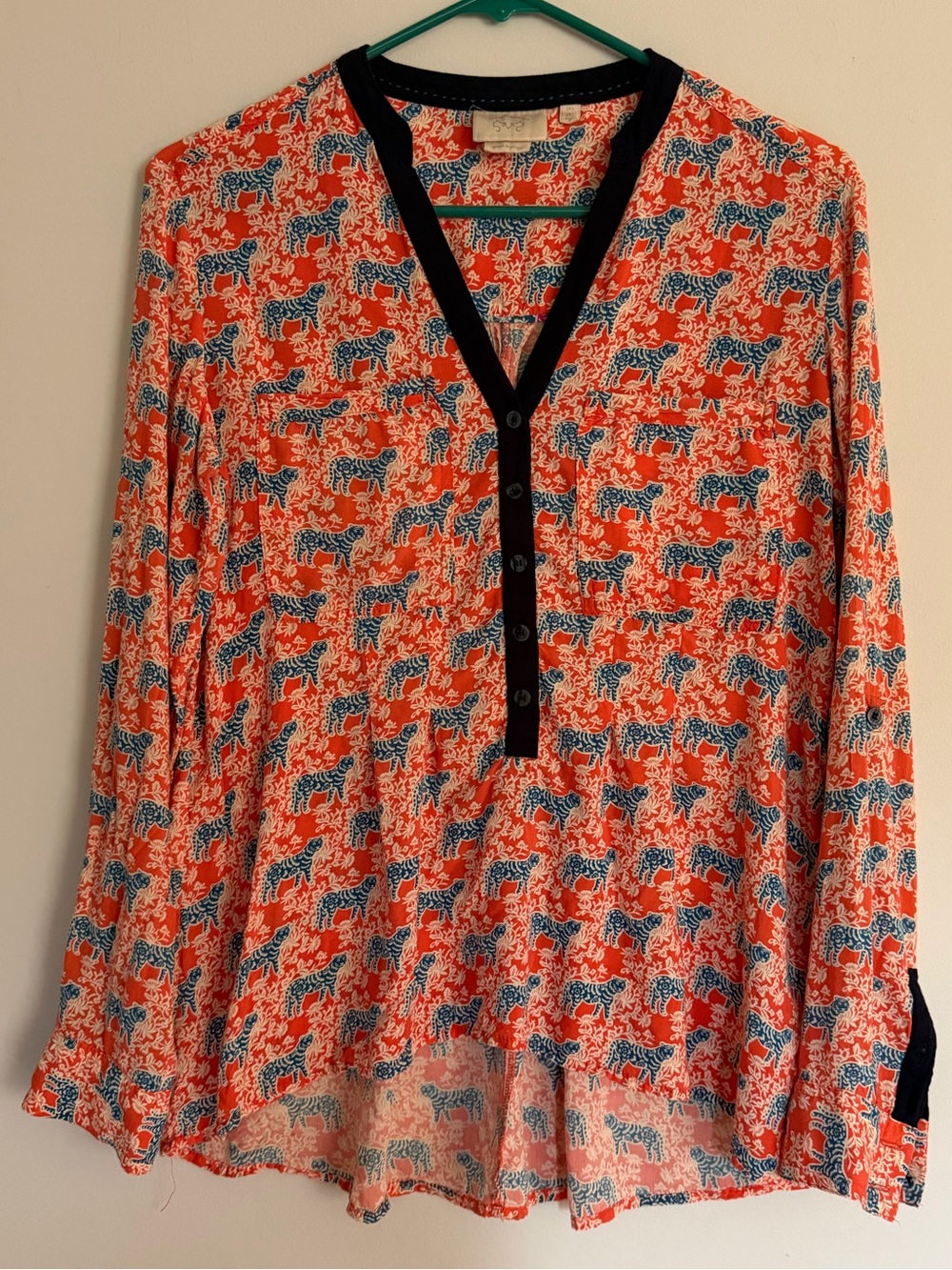 Anthropologie Honore Orange Tiger Print High Lo Blouse Top XS